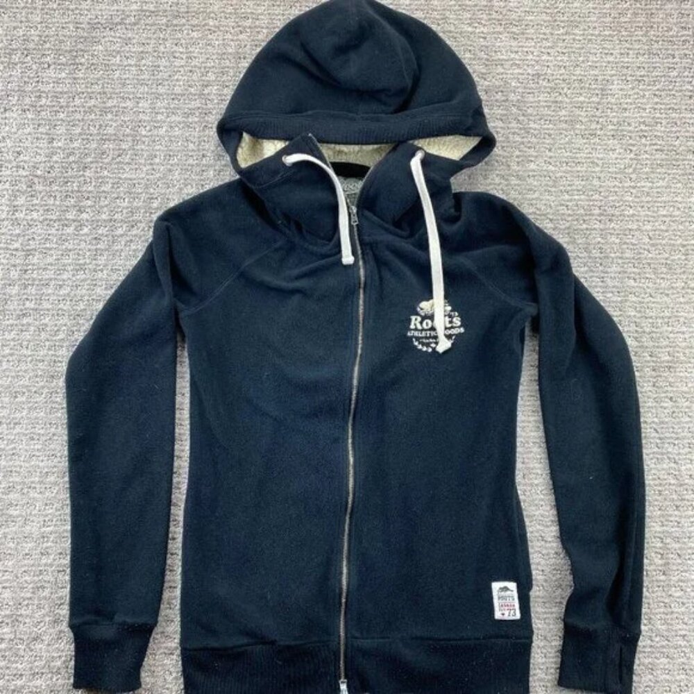 Vintage Roots Athletics Canada Hoodie Fleece Sweater Women Small Black Full Zip